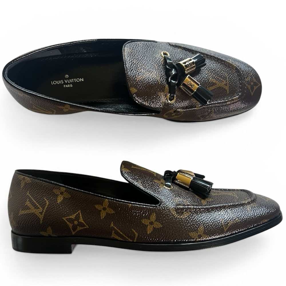 Louis Vuitton Society Brown Monogram Leather Tassel Loafers flat coated canvas